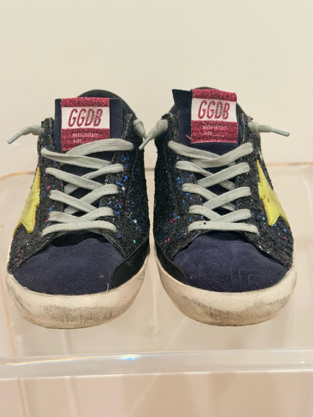 Golden Goose Navy Glitter Sneakers with Yellow Star and pink tag Superstar 38